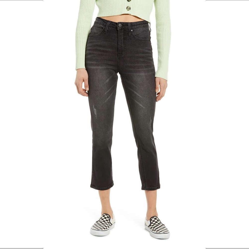 BP High Waist Crop Straight Leg Jeans black distressing women new 29